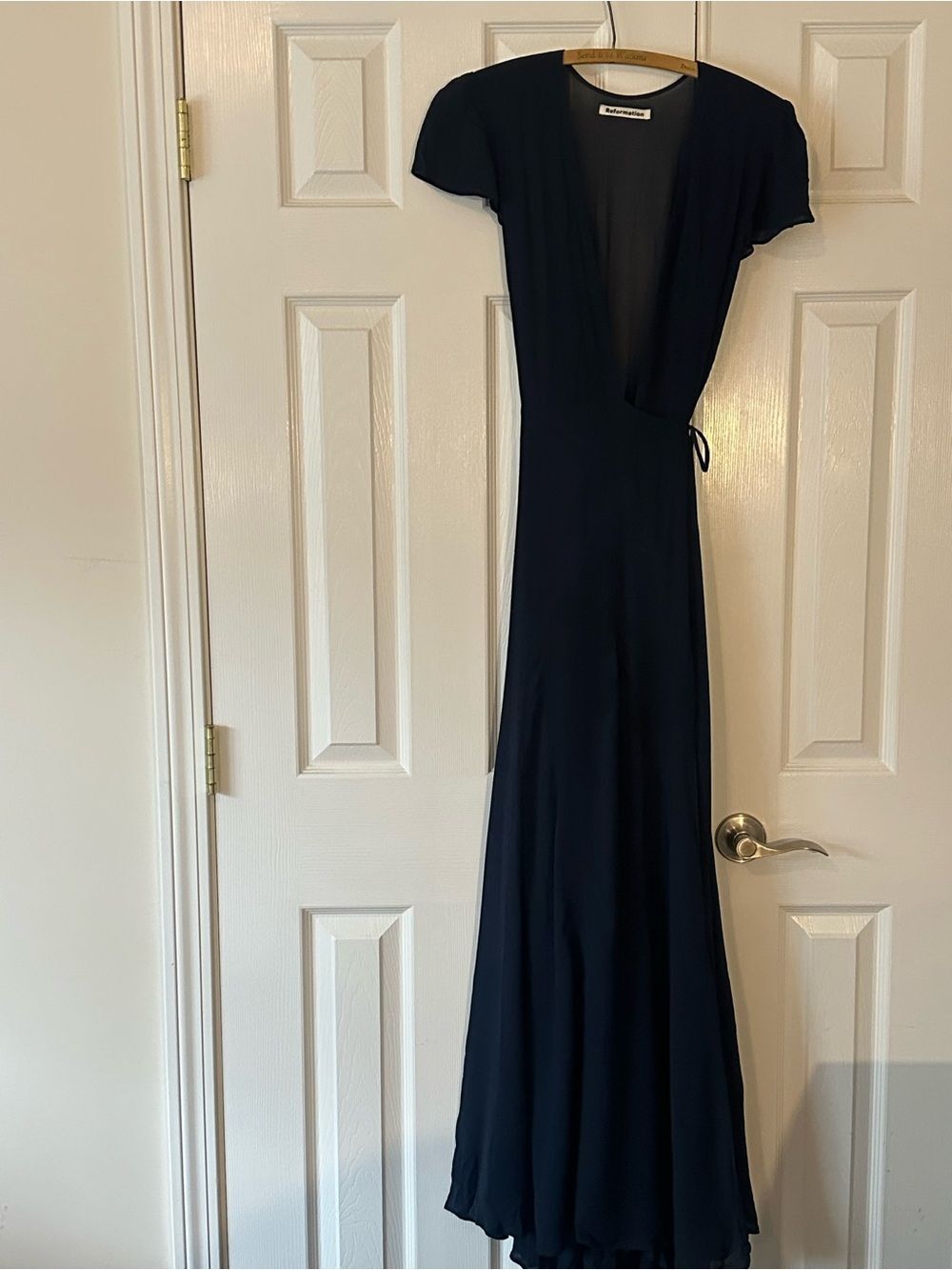 Reformation Navy Short-Sleeve Wrap Maxi Dress